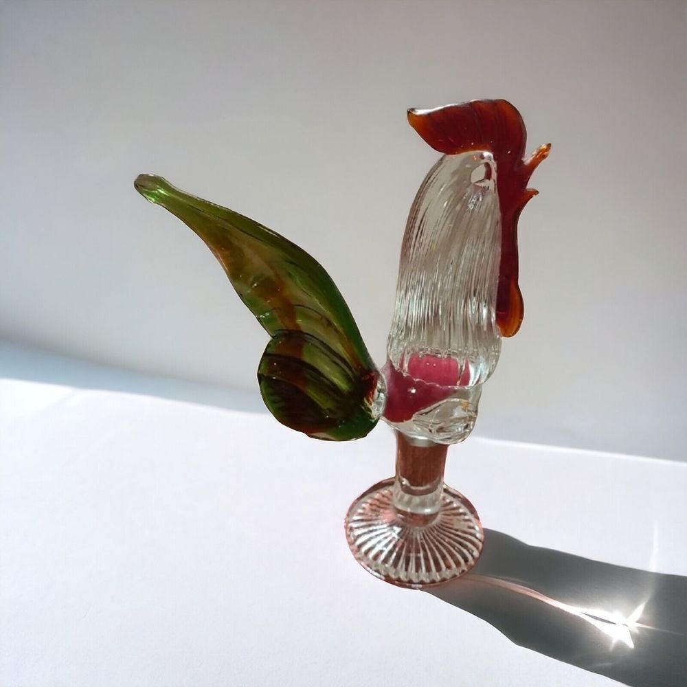 Hand Blown Art Glass Rooster Red Green Clear 9"‎ X 6"